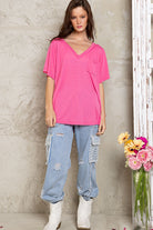 POL Flamingo Pink Slub Knit V-Neck Short Sleeve T-Shirt Trendsi