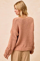 BiBi Dusty Peach Chunky Knit Sweater with Flower Detail Sleeves