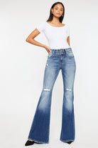 Kancan High Rise Wide Waistband Flare Jeans Dark