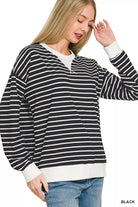 Zenana Black Contrast Striped Round Neck Sweatshirt