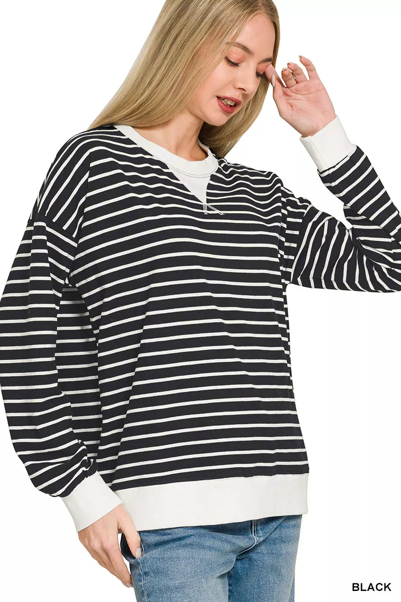 Zenana Black Contrast Striped Round Neck Sweatshirt