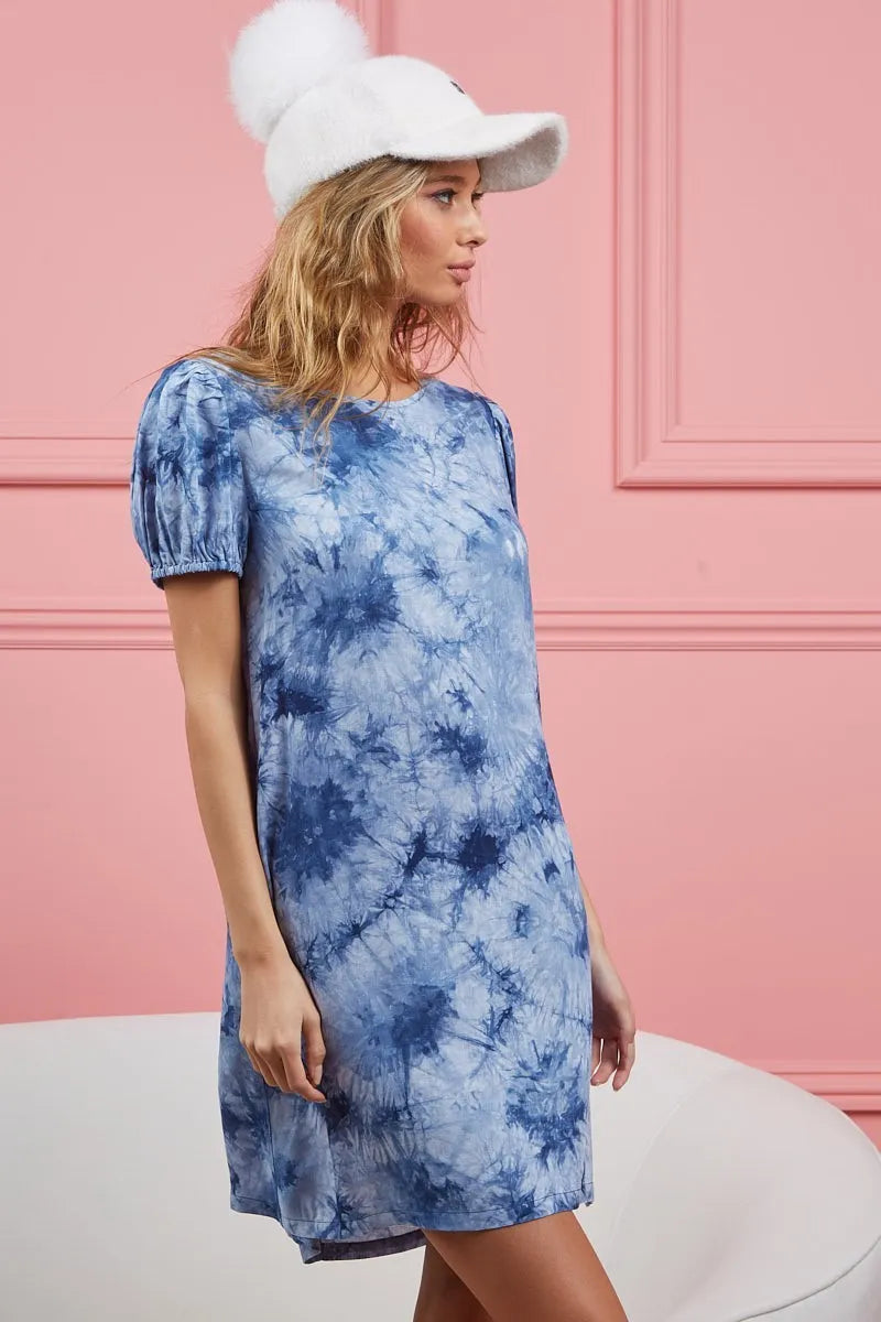 BiBi Navy Puff Sleeve With Side Pockets Tie Dye Dress