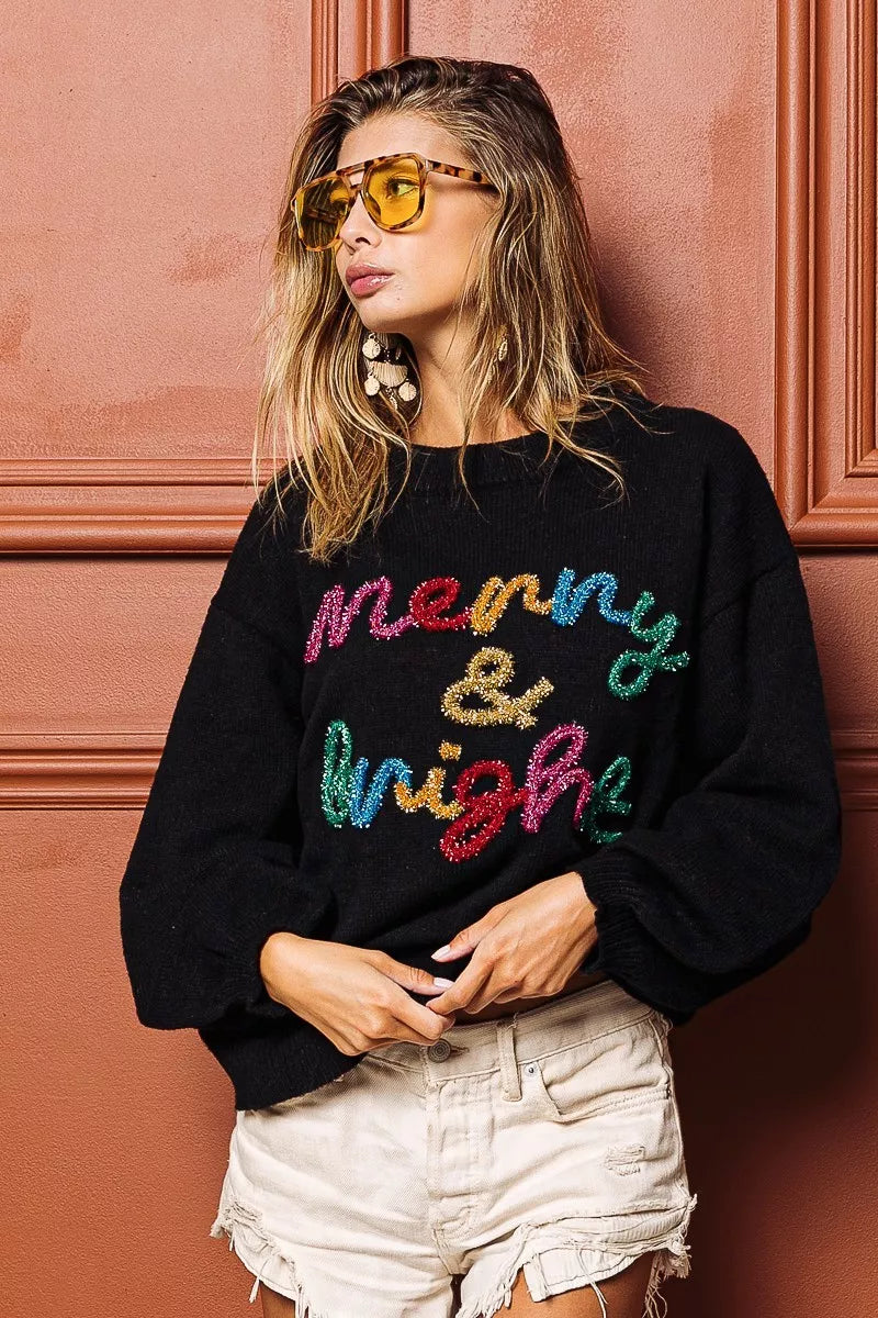 BiBi Black Tinsel Lettering Merry & Bright Christmas Sweater