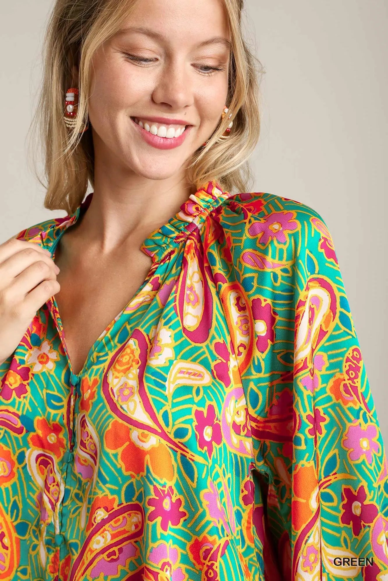 Umgee Green Satin Paisley Floral Ruffle Neck Button-Up Blouse