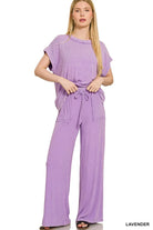 Zenana Lavender Ribbed Acid Wash Rayon Top & Pants Set LAVENDER