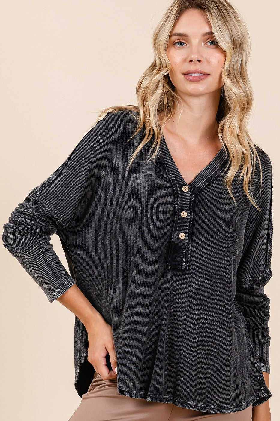 Mittoshop Charcoal Washed Textured V-Neck Long Sleeve Top Charcoal Shirts & Tops