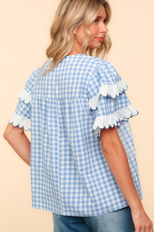 Haptics Sky Blue Plaid Scallop Hem Notched Short Sleeve Blouse Shirts & Tops