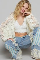 POL Ivory Floral Patch Crochet Open-Front Cardigan