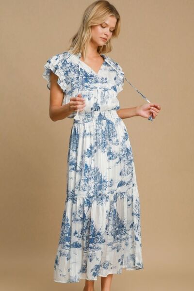 Umgee Sky Blue Two Tone Landscape Print Midi Dress Sky Blue