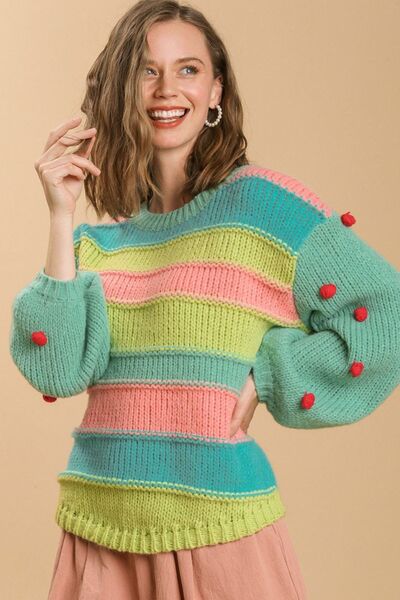 Umgee Color Block Cable Knit Sweater with Pom Pom EMERALDMIX