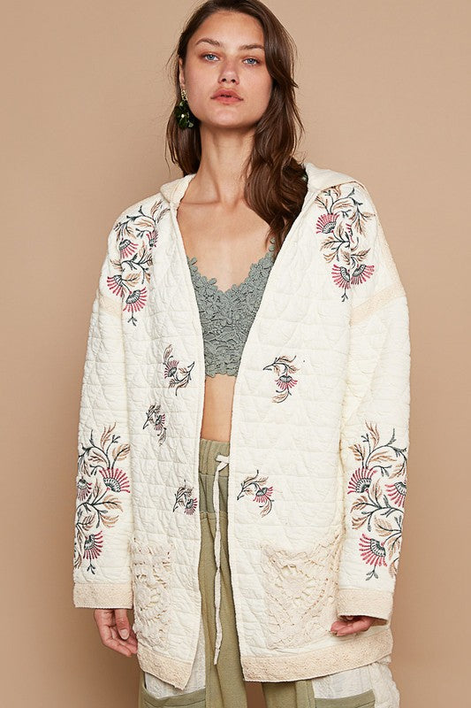 POL Embroidered Open Front Quilted Hooded Jacket with Crochet Pockets Coats & Jackets