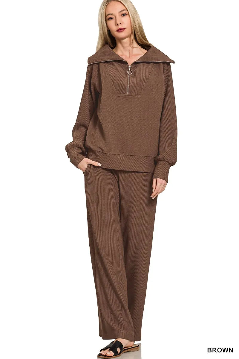 Zenana Brown Ribbed High Neck Half Zip Pullover & Pants Set