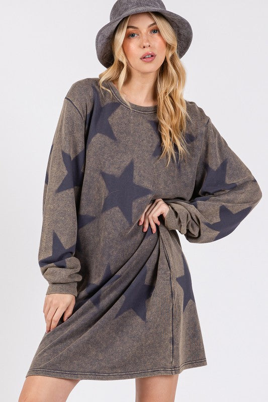 SAGE + FIG Dark Gray Mineral Washed Star Print Round Neck Dress Dresses