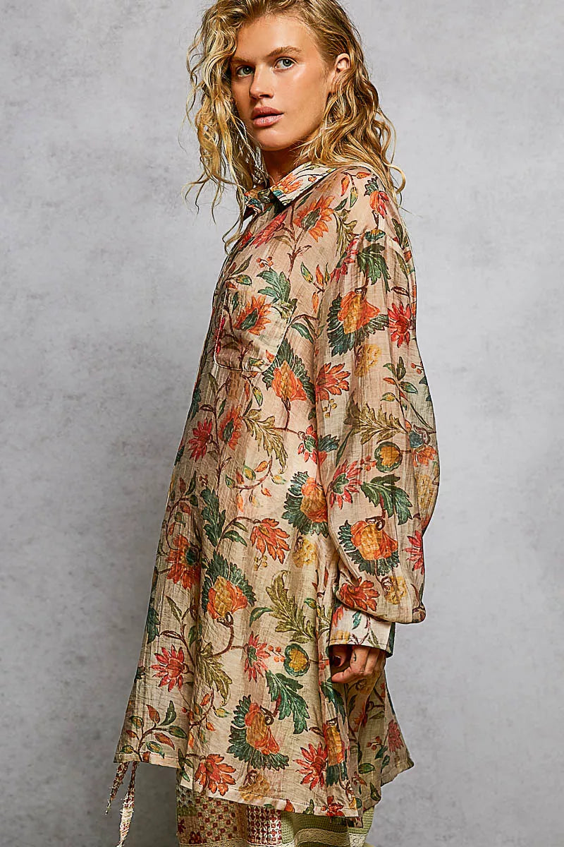 POL Metal Button Down Floral Long Sleeve Bohemian Shirt