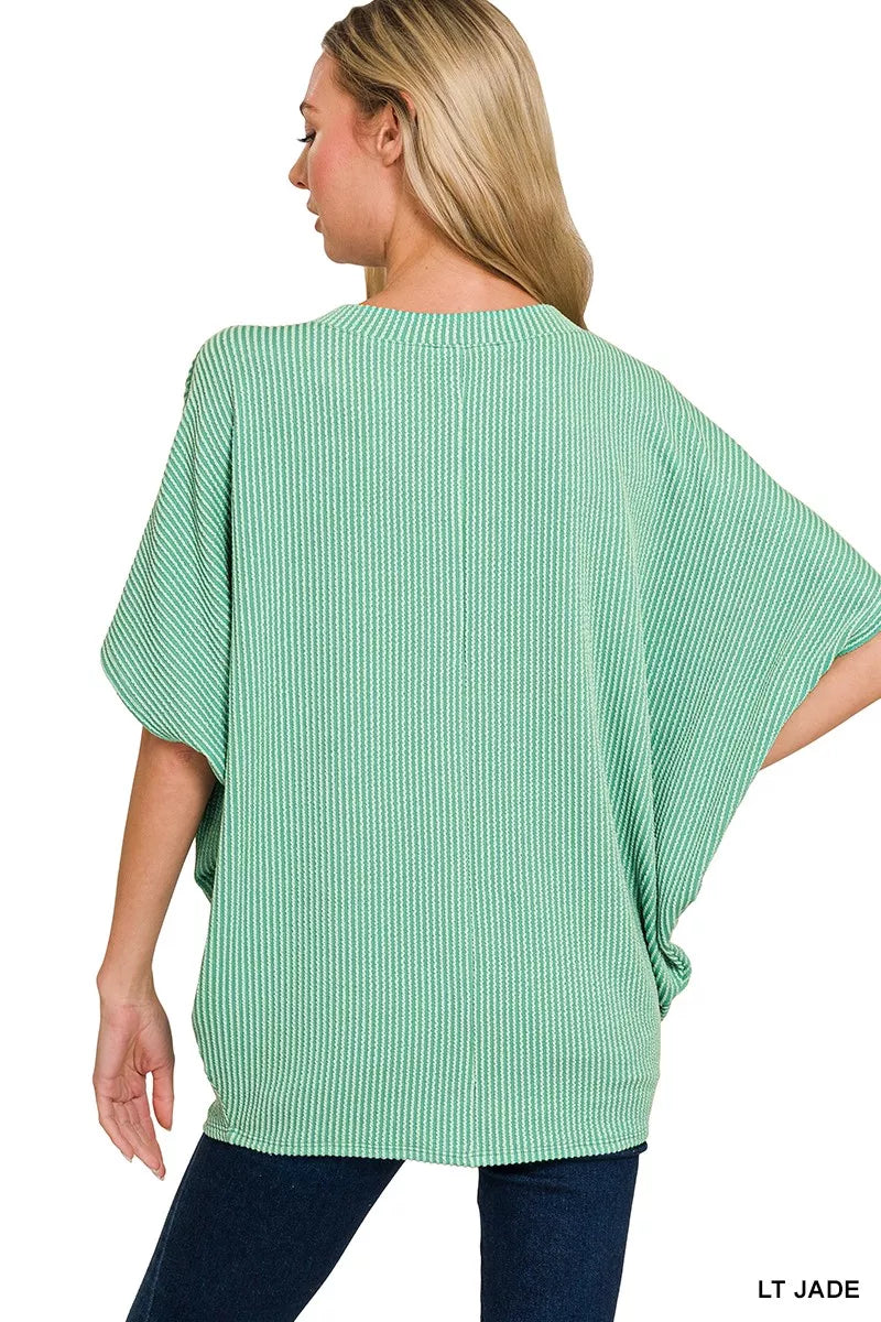 Zenana Light Jade Raised Rib V-Neck Batwing Top