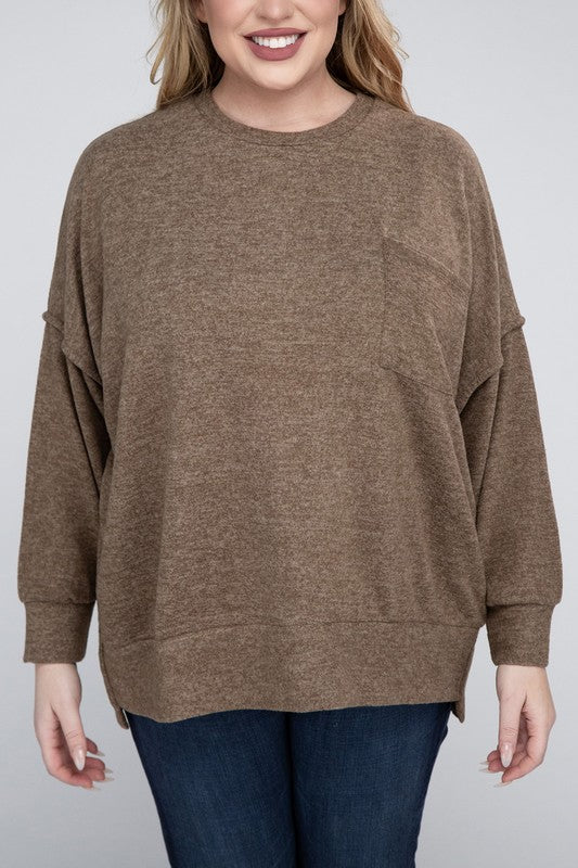 Zenana Plus Size Brushed Melange Drop Shoulder Sweater MOCHA ZENANA