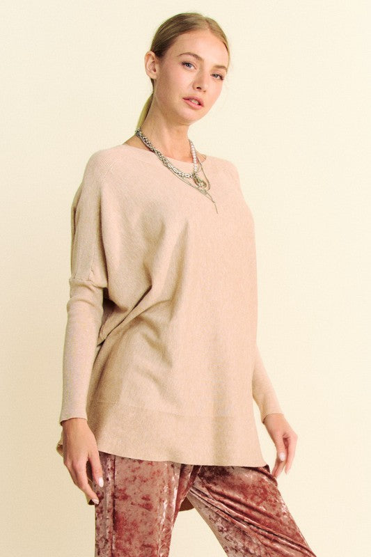 Davi & Dani Tan Round Neck Dropped Shoulder Long Sleeve Knit Top