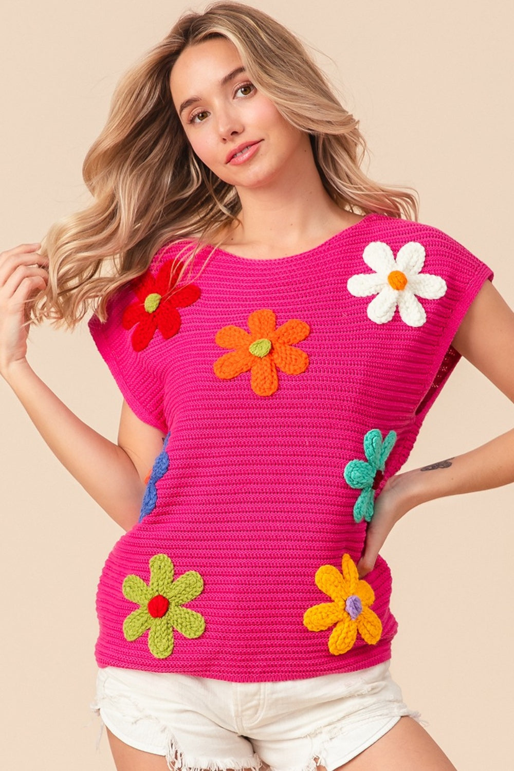 BiBi Fuchsia Flower Round Neck Cap Sleeve Knit Top Fuchsia Multi Trendsi