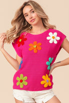 BiBi Fuchsia Flower Round Neck Cap Sleeve Knit Top Fuchsia Multi Trendsi