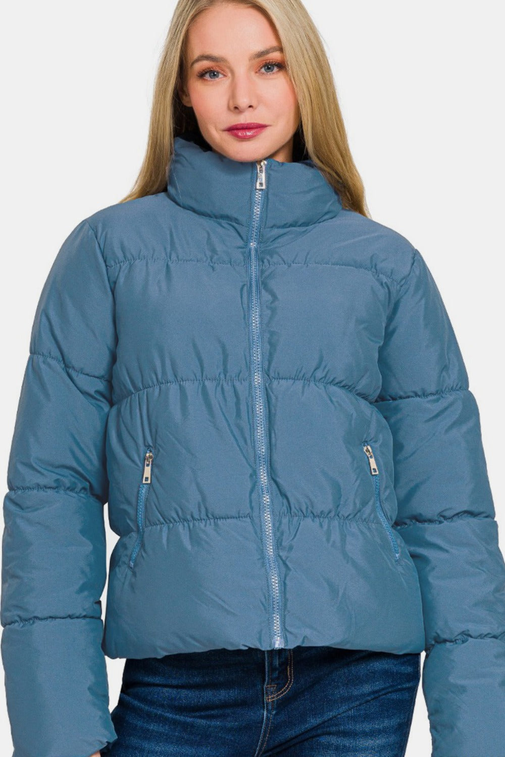 Zenana Dusty Blue Zip Up Turtleneck Puffer Jacket with Pockets Trendsi