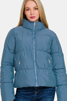 Zenana Dusty Blue Zip Up Turtleneck Puffer Jacket with Pockets Trendsi