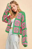 Davi & Dani Pink & Green Two Tone Flower Square Crochet Open Front Cardigan PINK GREEN Trendsi