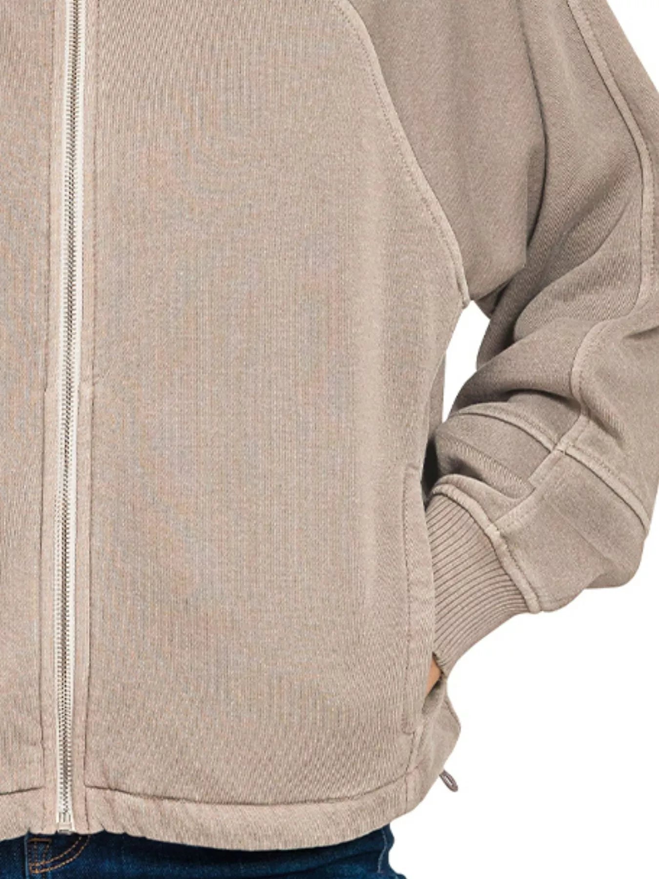 Zenana Ash Mocha Fleece Pigment Dye Zip Up Hoodie with Pockets
