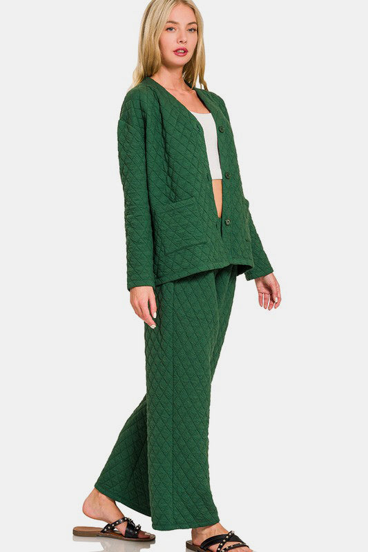 Zenana Dark Green Quilted Button Up Long Sleeve Top and Pants Lounge Set