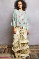 POL Apple Mint Butterflies Pattern Round Neck knit Top with Outseam Rolling Edge