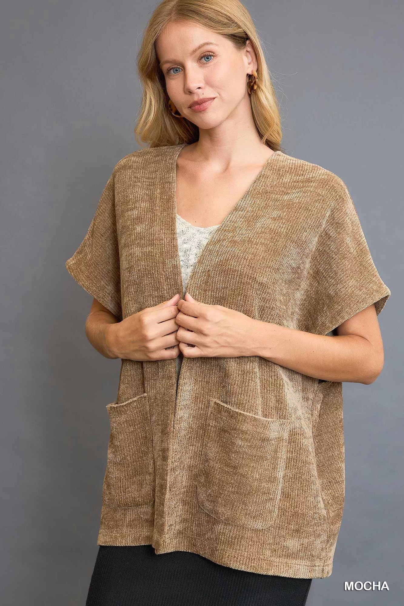 Umgee Mocha Open Front Knit Cardigan with Front Pockets MOCHA