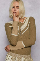 POL Olive Ribbed Half Button Lace Detail Knit Top Olive