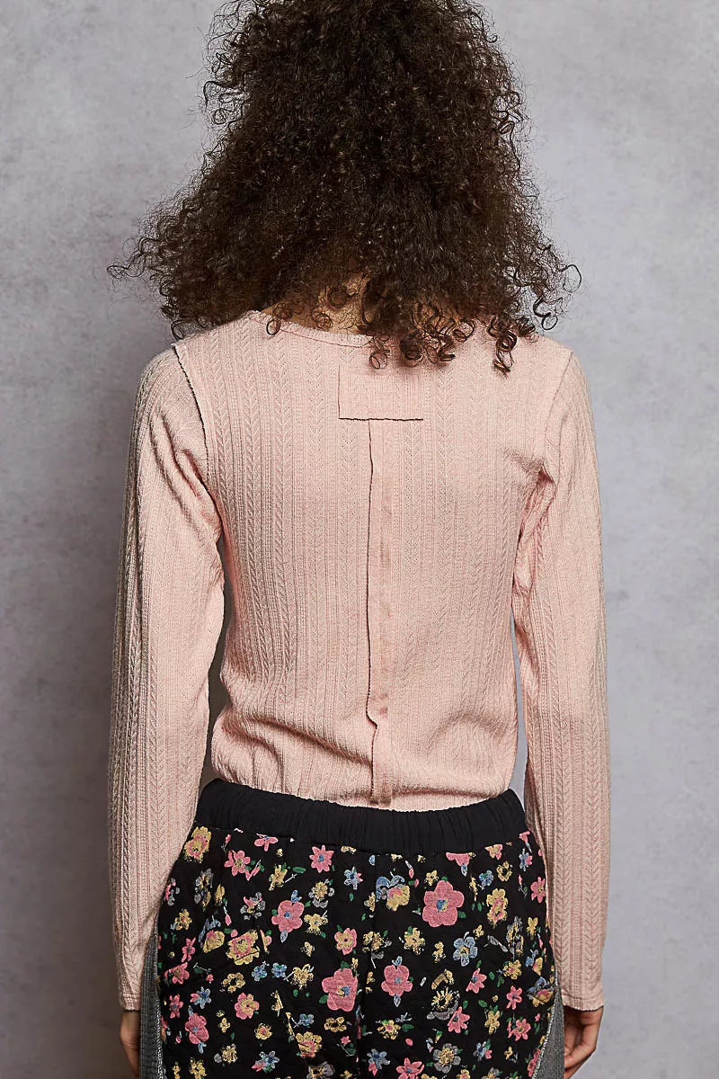 POL Powder Pink Square Neck Cropped Knit Top with Curved Hem