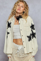 POL Cream Star Patch Raw Hem Button Up Twill Denim Ballon Sleeve Jacket