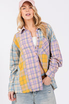 SAGE + FIG Lavender Button Up Raw Hem Plaid Flannel Shirt Lavender Trendsi