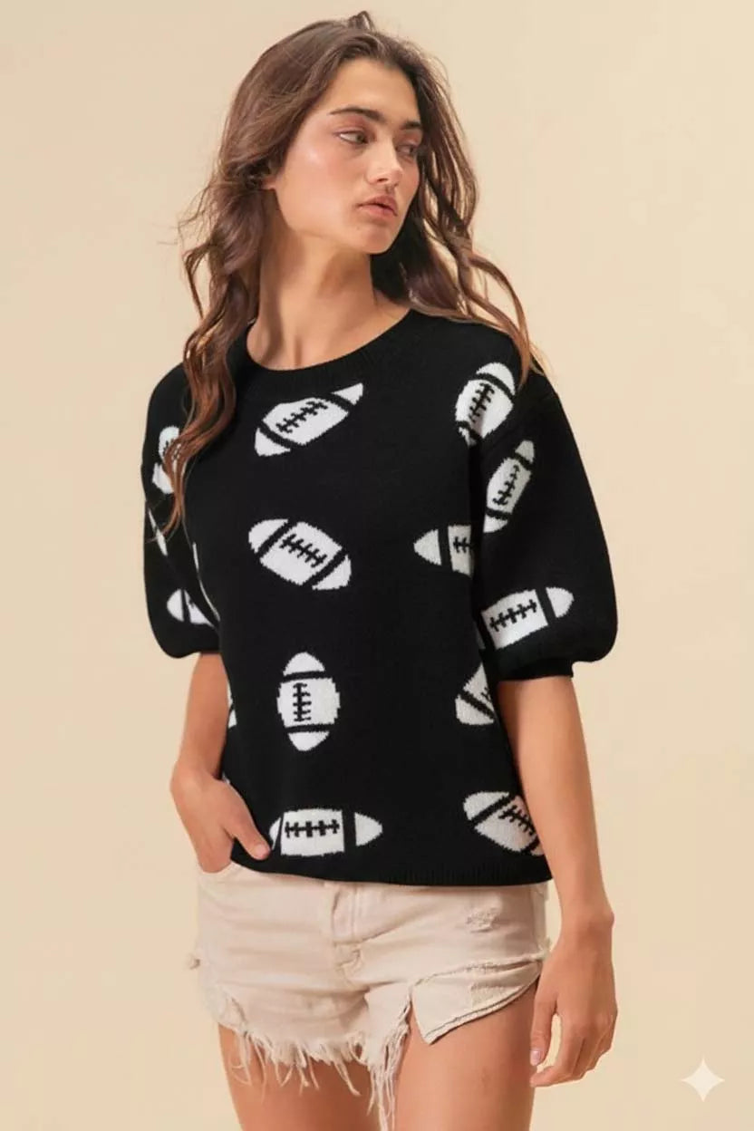 BiBi Black & Ivory Football Pattern Short Sleeve Sweater BLACK IVORY