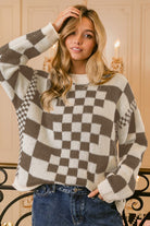 BiBi Mocha Brown Vintage Mixed Checkered Contrast Chunky Sweater Mocha Brown Combo Trendsi