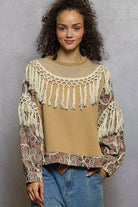 POL Mocha Cafe Contrast Floral Embroidery Balloon Sleeve Top with Tassel Trim MOCHA CAKE