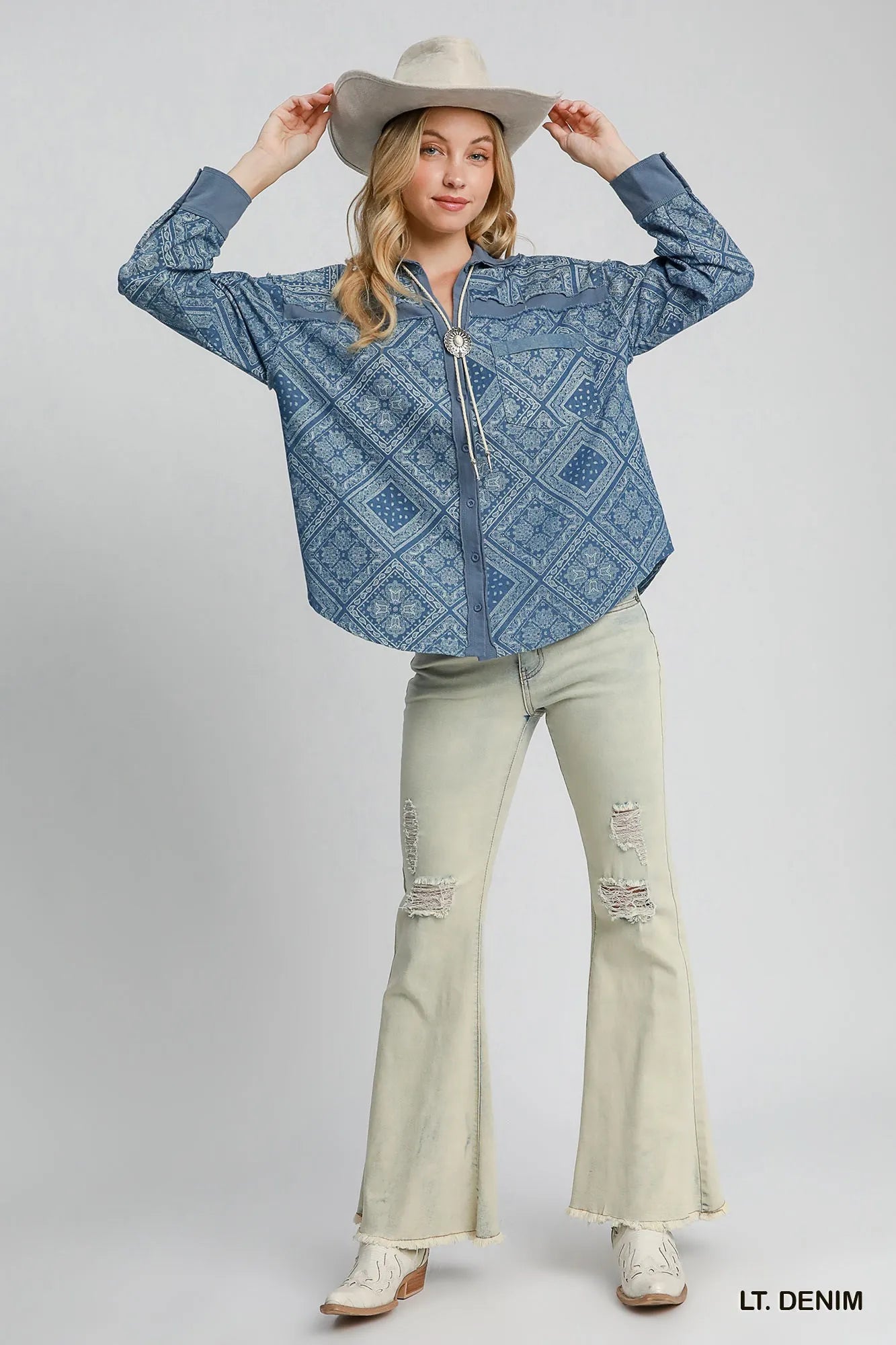 Umgee Light Denim Paisley Print Denim Shirt Jacket
