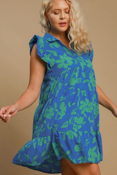 Umgee Blue Floral Print Ruffle Cap Sleeve Tiered Dress