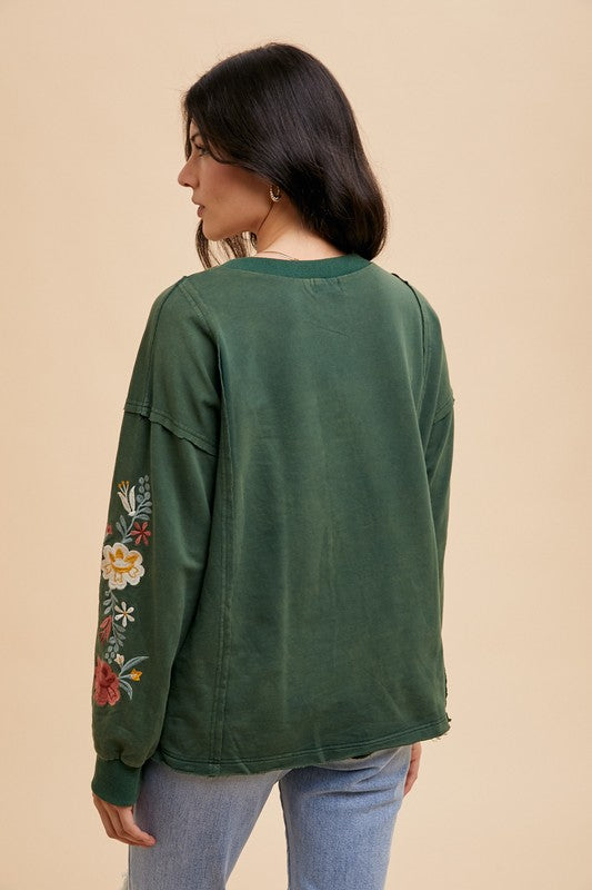 Annie Wear Black Forest Embroidered Long Sleeve French Terry Top