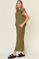 Double Take Quilted Textured Ruffle Short Sleeve Top and Drawstring Wide Leg Pants Set Trendsi