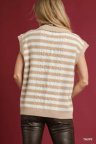 Umgee Taupe Cable Knit Collared Striped Vest Sweater