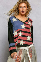 POL Double Gauze American Flag Patch V-Neck Long Sleeve T-Shirt BLACK MULTI