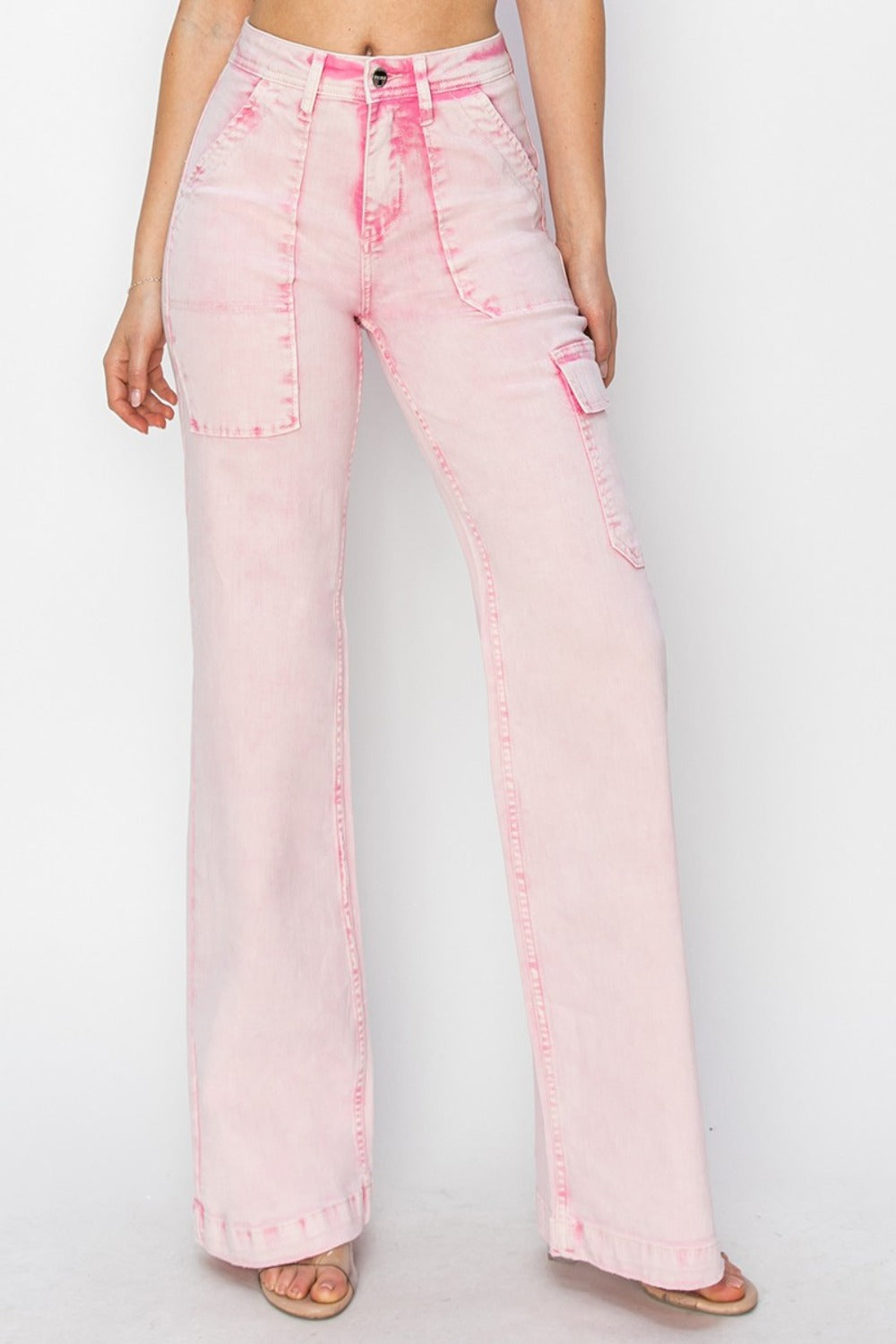 RISEN Pink Acid Washed High Rise Wide Leg Cargo Pocket Jeans Acid Pink Jeans