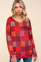 Haptics Burgundy Long Sleeve Checker Plaid Soft Hacci Knit Top