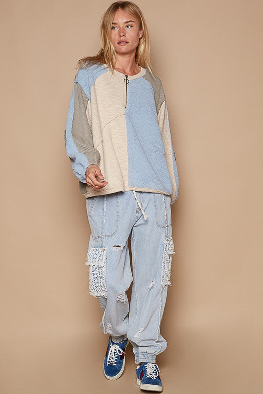 POL Pastel Blue Color Block Half Zip Dropped Shoulder Sweatshirt Shirts & Tops