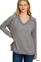 Zenana Black Soft Melange Hacci Exposed Seam Hi-low Tee BLACK