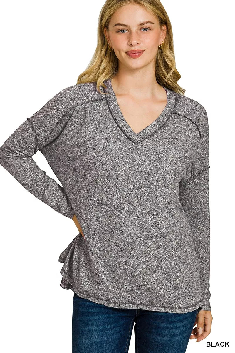 Zenana Black Soft Melange Hacci Exposed Seam Hi-low Tee BLACK