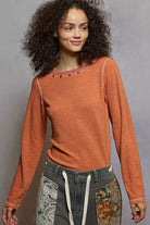 POL Dried Apricot Round Neck Long Sleeve Contrast Stitching T-Shirt with Stud Detail DRIED APRICOT