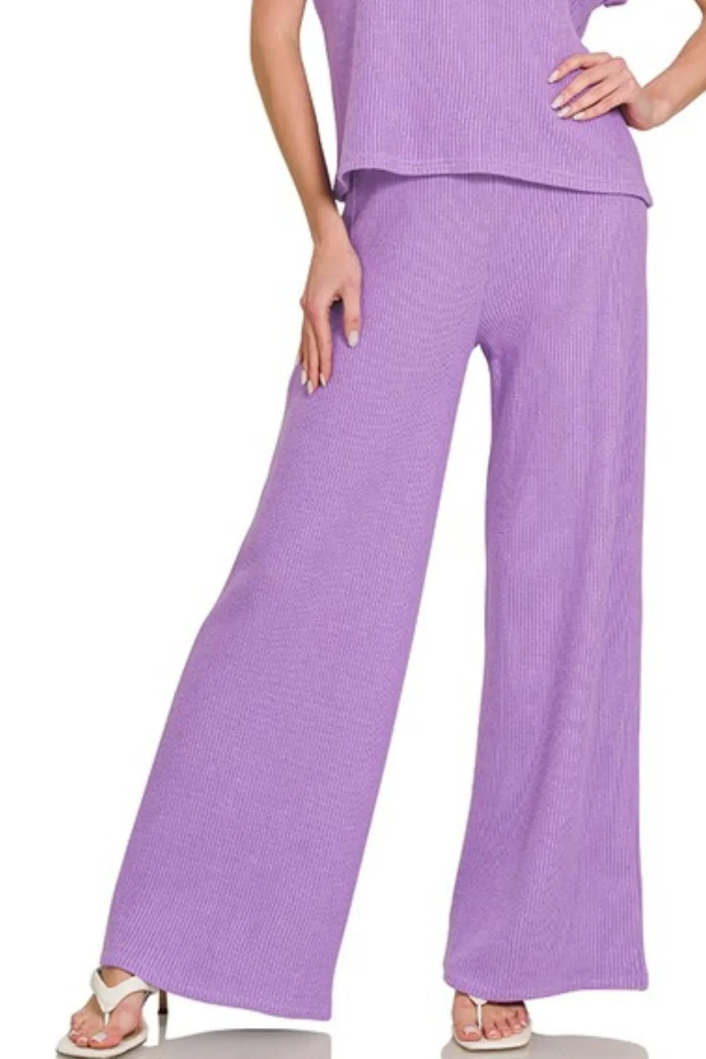 Zenana Lavender Rolled Sleeve Top and Pants Sweater Set